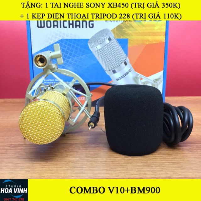 Combo livestream mic Woaichoang BM-900 soundcard V10 bluetooth tặng tai nghe kẹp điện thoại