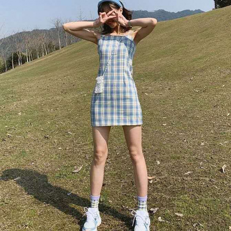 Vintage and Little Fresh Plaid Dress Women's Summer Korean Style Student Sleeveless Bottoming Suspender Dress Slim Fit Figure Flattering Short Skirt