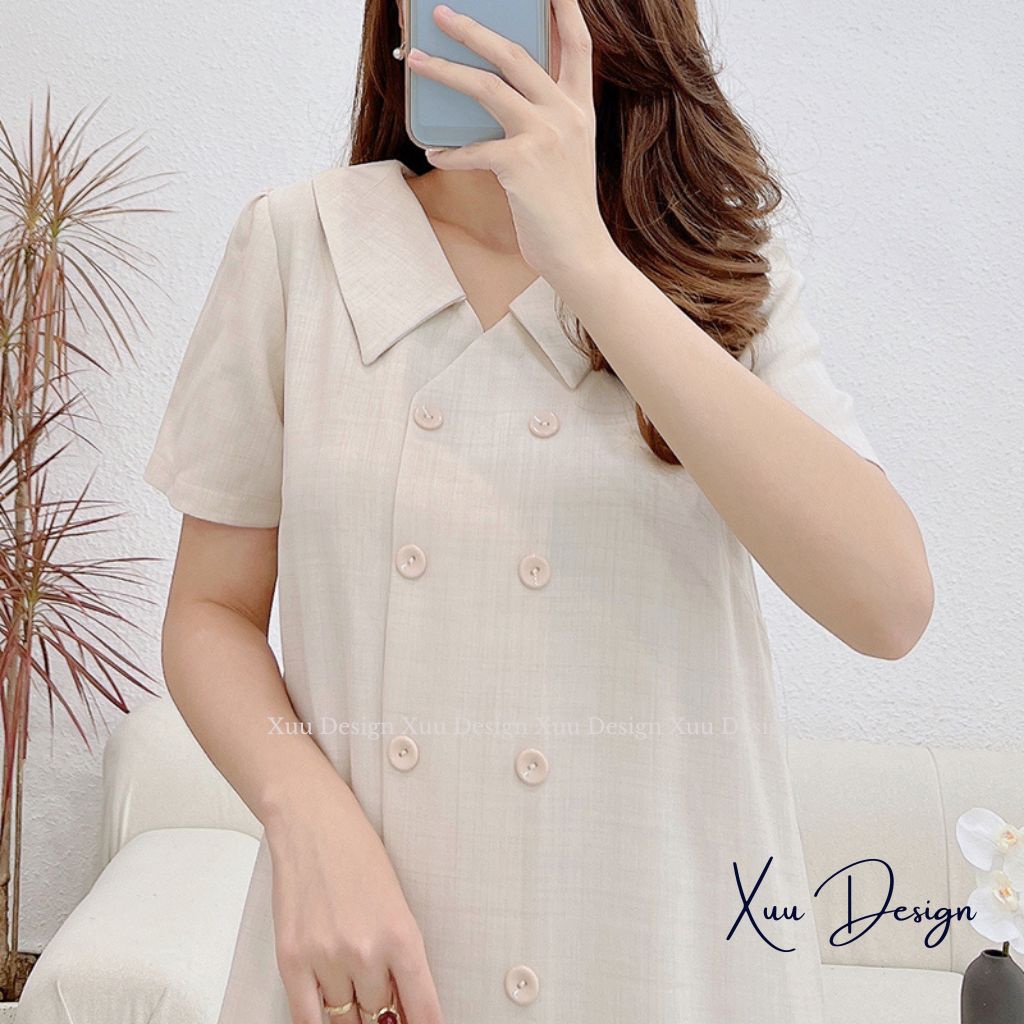 Đầm nữ thiết kế dáng babydoll XUU tay ngắn phối cúc vải tơ hàn cao cấp thời trang thanh lịch- V14