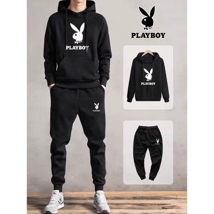 Đồ Bộ Nam Thể Thao Cao Cấp Thu Đông  PLAYBOY MÀU ĐEN - Set Đồ Bộ Nam Mặc Nhà Chất Nỉ Có Mũ Dài Tay