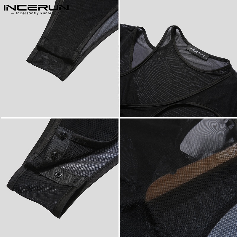 Áo liền quần INCERUN ôm dáng tay dài thiết kế rỗng xuyên thấu quyến rũ cho nam