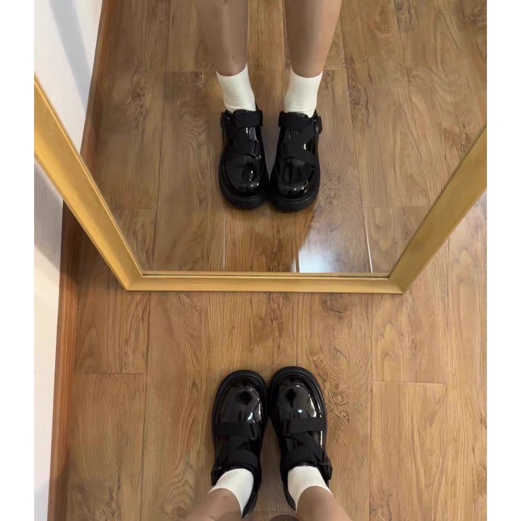 Giày Oxford nữ da bóng khóa dây đai Ulzzang cá tính