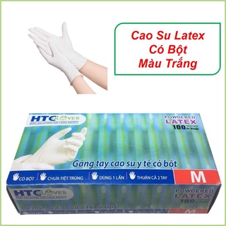 200 chiếc găng tay y tế HTC Gloves có bột cao su latex màu trắng size S, M hộp 100 cái.