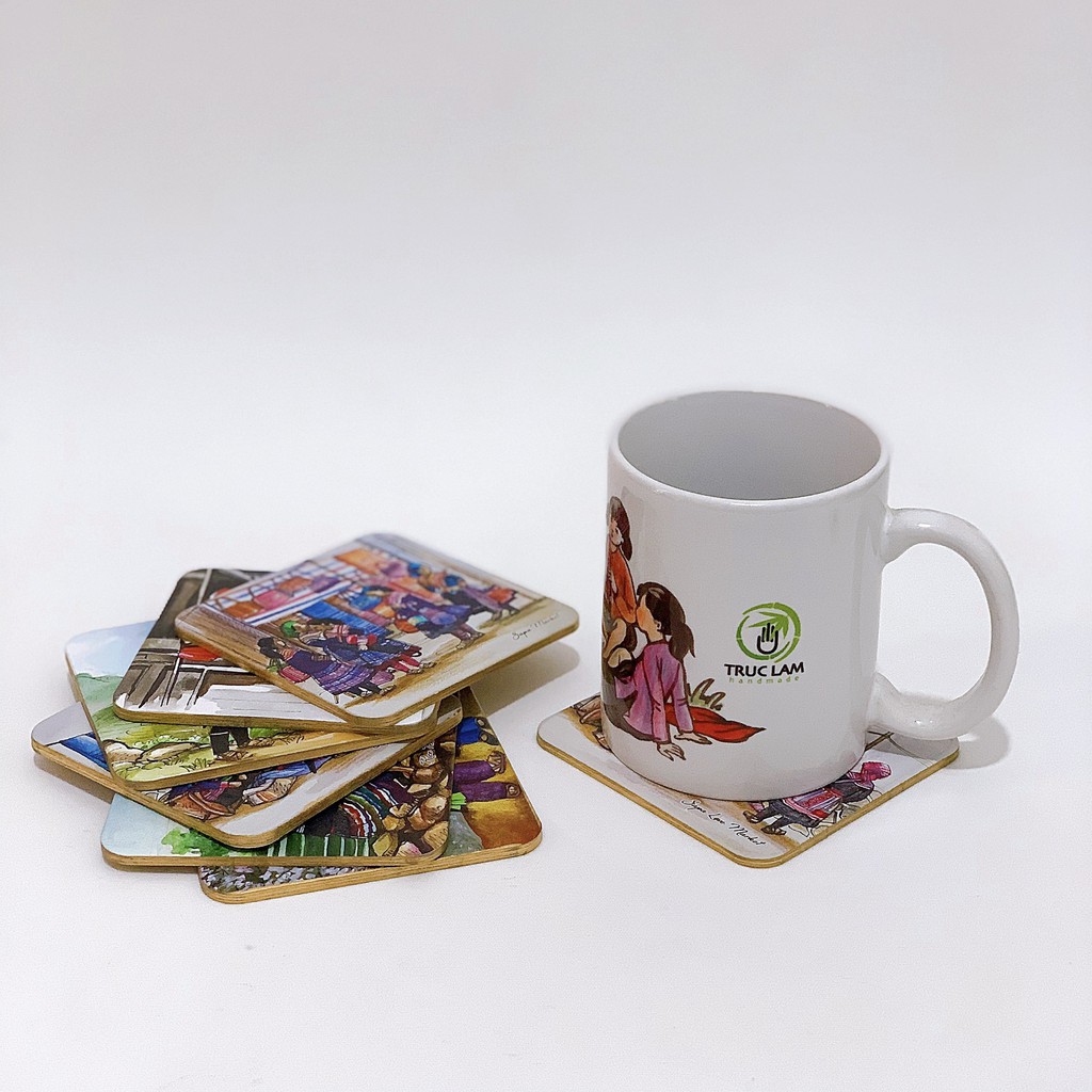 Bộ Lót Ly Lót Cốc Giấy Ép Cán Lụa 6 Chiếc In Hình Chủ Đề Miền Núi - Trúc Lâm Handmade