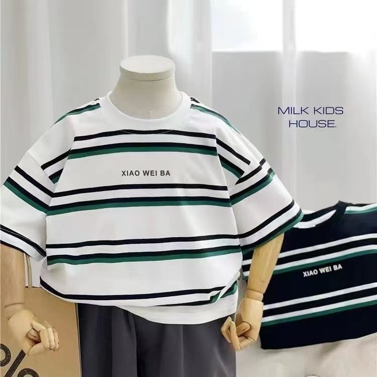 Áo Thun Tay Ngắn Bằng cotton Họa Tiết Sọc Ngang Dễ Phối Đồ Thời Trang Cho Bé Trai