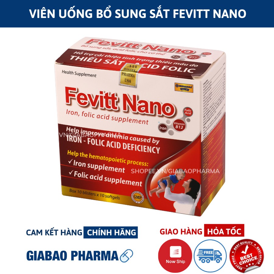 Viên uống bổ sung sắt Fevit Nano bổ máu, cải thiện tình trạng thiếu máu - Hộp 100 viên