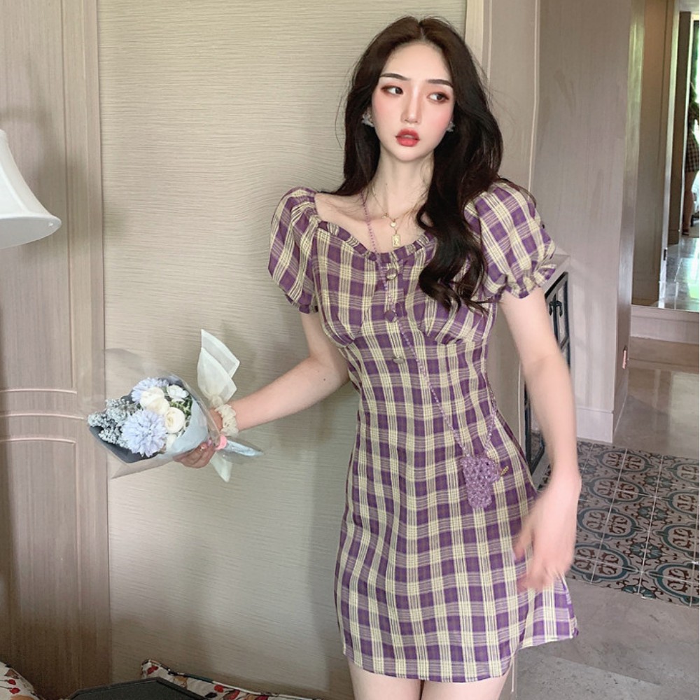 Đầm nữ , váy nữ dáng ôm tay bồng họa tiết caro phong cách retro ATILA SHOP | BigBuy360 - bigbuy360.vn