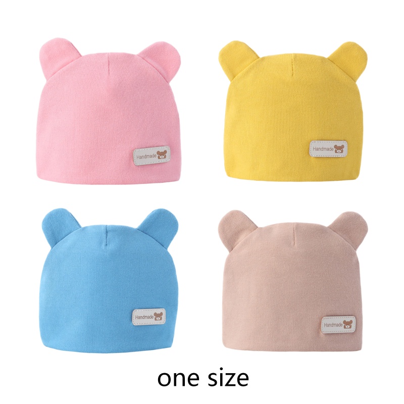 Mũ Beanie Cotton Màu Trơn Co Giãn Đính Tai Gấu Dễ Thương Cho Bé Sơ Sinh 0-6 Tháng Tuổi