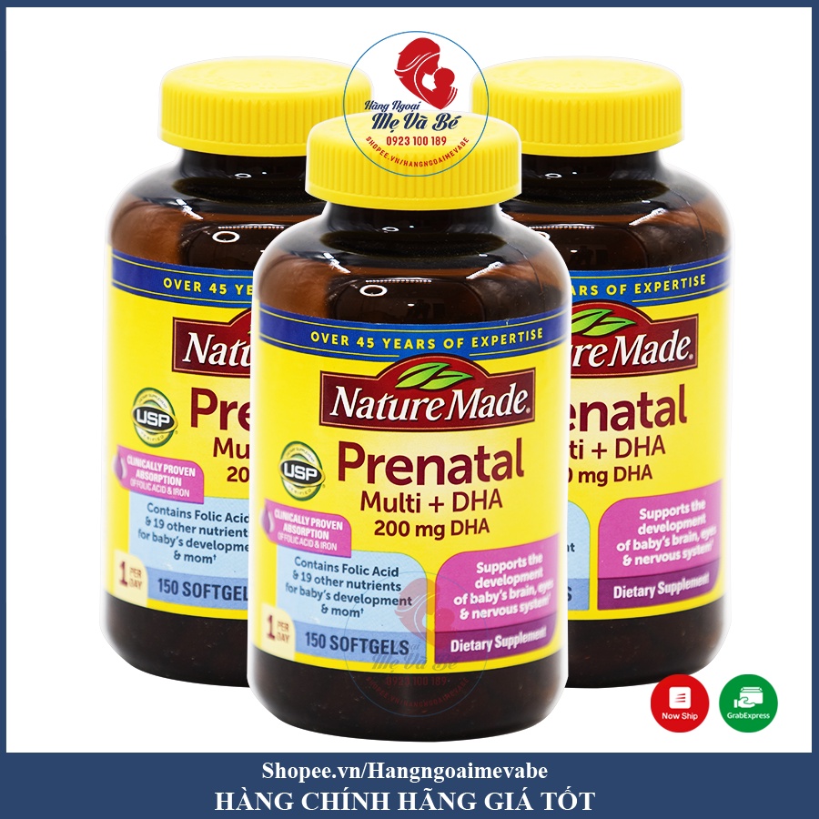 Vitamin bà bầu, Vitamin tổng hợp Bầu Mỹ Nature Made Prenatal Multi + DHA 150 viên [Date 09/2023]