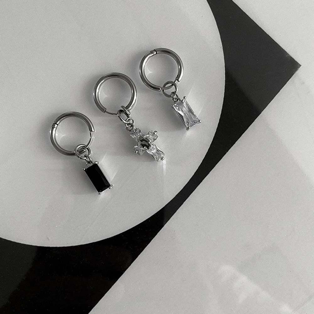 Khuyên Tai Vòng Mặt Thánh Giá Màu Đen Phong Cách Punk Hip Hop Cá Tính|Khuyên Tai Thép Titan Đính Đá Zircon Thời Trang