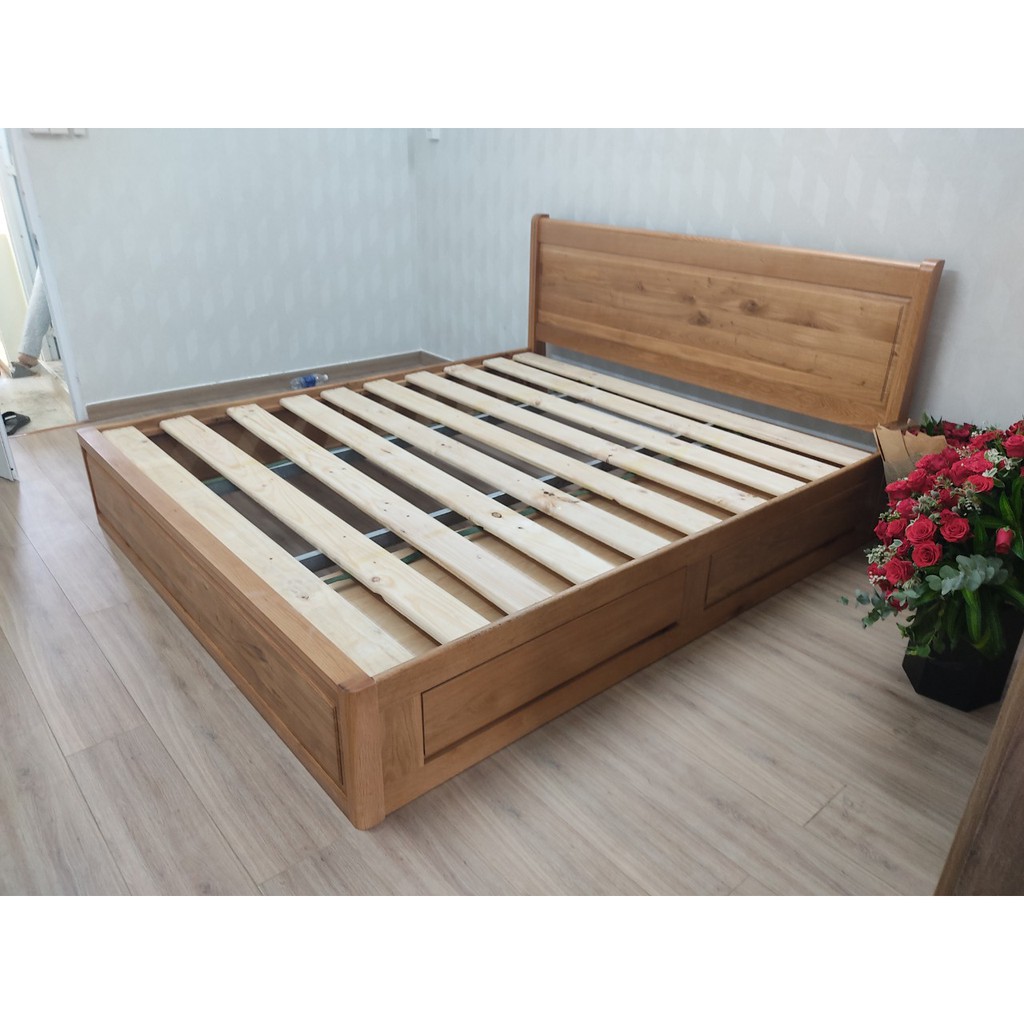 Giường ngủ gỗ sồi có ngăn kéo kiểu Cuba 1m8x2m