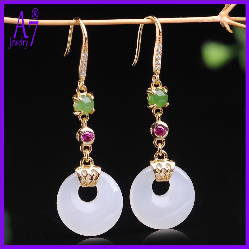 Bông Tai Bạc A7 S925 Đính Đá Ngọc Bích Trắng Thanh Lịch