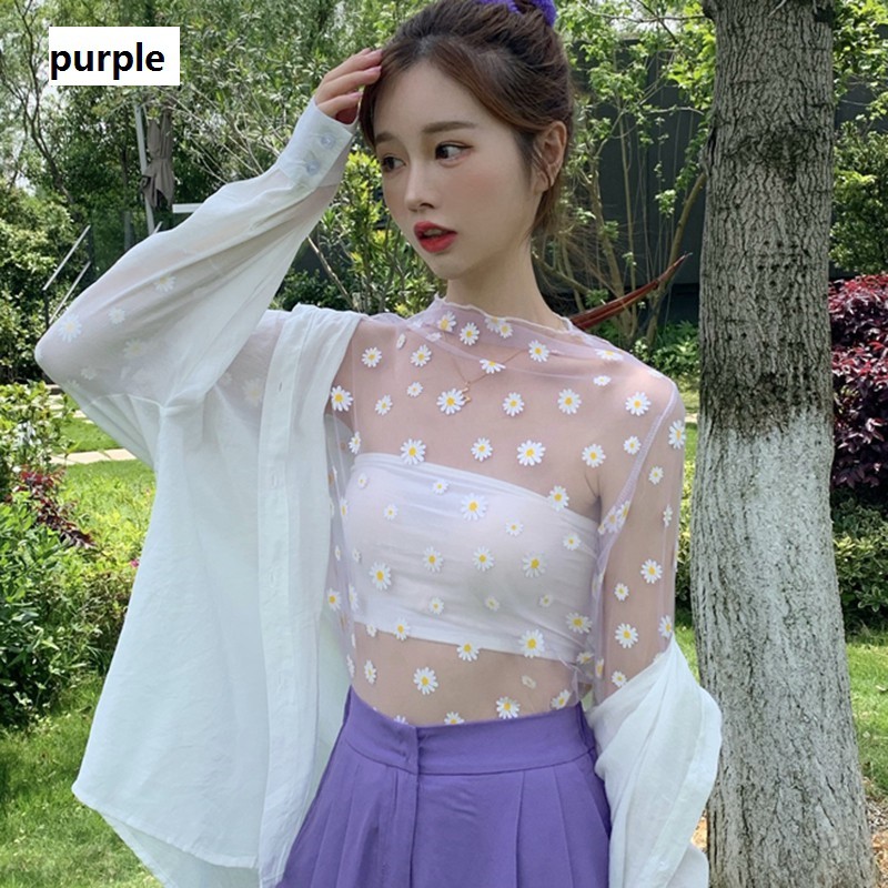 Áo T-shirt dạng lưới in hình hoa cúc nhỏ thời trang mùa hè dành cho nữ