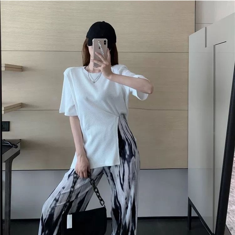 Áo thun IELGY tay ngắn dáng suông xẻ tà tùy chọn màu sắc dễ phối đồ thời trang hè cho nữ