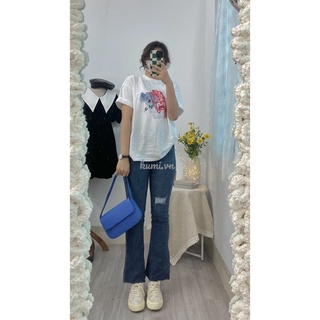 kumivn quần jean ống loe cạp cao rách đùi co giãn 4 chiều tôn dáng