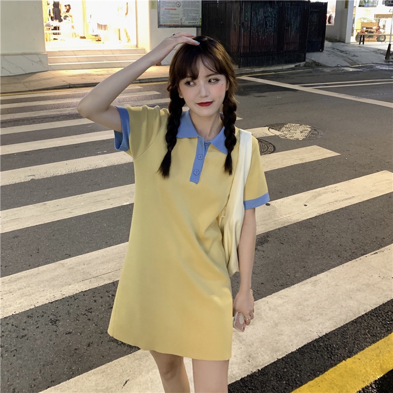 Đầm ZHELIHANGFEI dệt kim tay ngắn cổ polo phối màu trẻ trung cho nữ