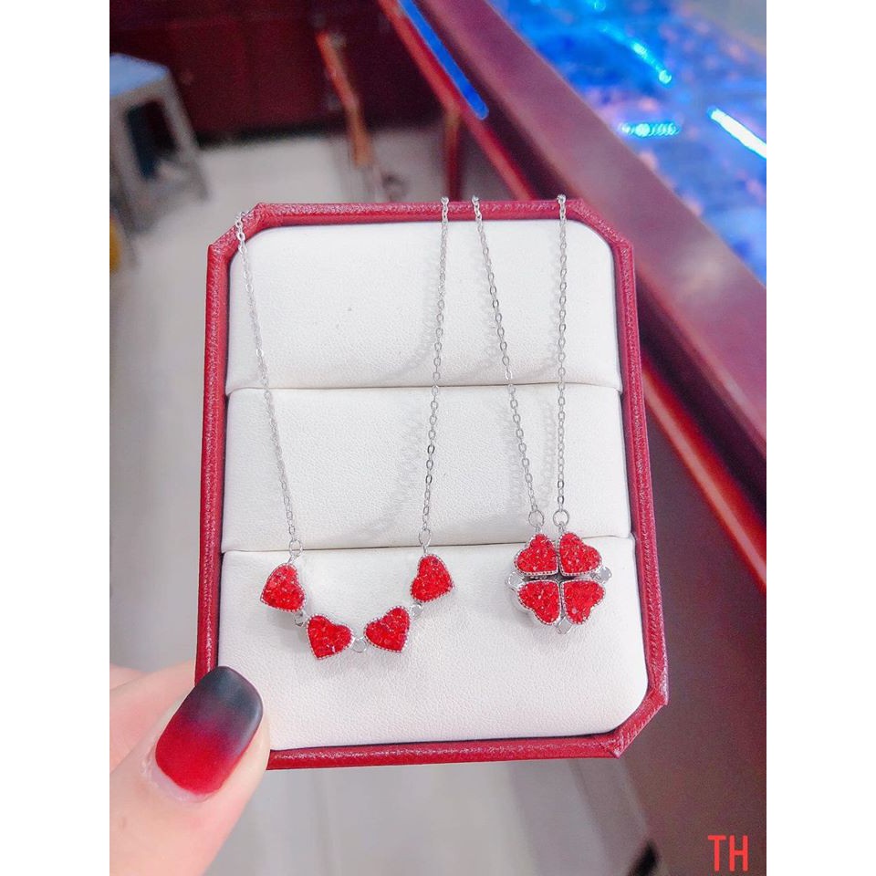 DÂY CHUYỀN BẠC CỎ 4 LÁ GHÉP TIM 2 MẶT NẠM ĐÁ (CÓ VIDEO KÈM THEO ) - BẠC BIBI