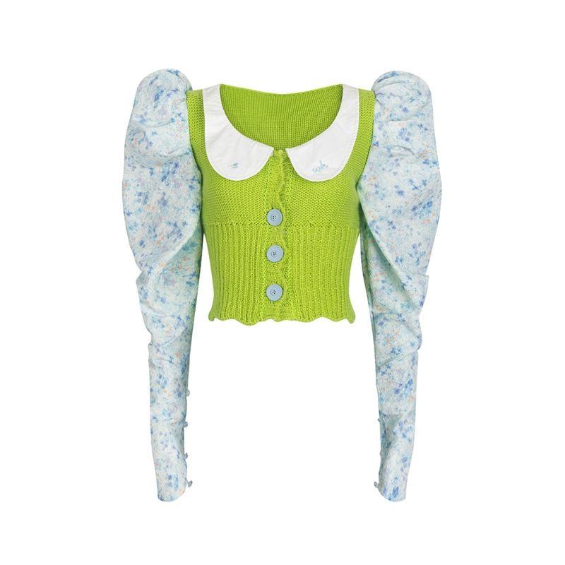 Áo Dệt Kim Tay Phồng Cổ Búp Bê In Hoa Màu Xanh Lá Phong Cách Mùa Xuân 2022 Thời Trang Mới