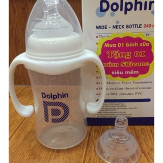 Bình sữa cổ rộng có quai cầm Dolphin 180ml - 240ml . Tặng 1 núm vú cổ rộng