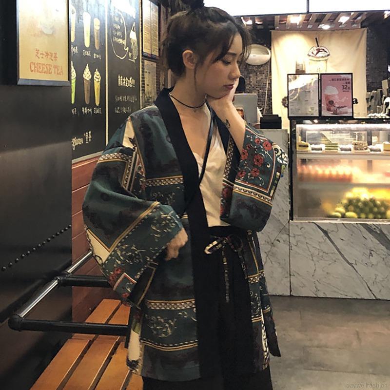 [Baywellfashion]Áo Khoác Kiểu Kimono In Hoa Có Dây Cột Thời Trang Cho Nữ