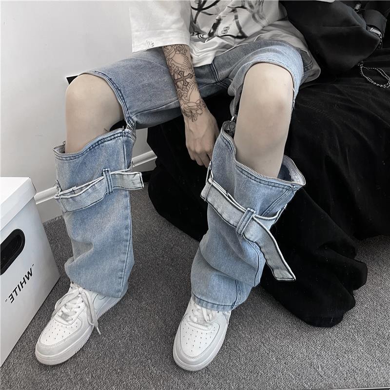 Zipper detachable jeans women's straight loose slimming pants ins Chaogao Street Harajuku style patchwork shorts