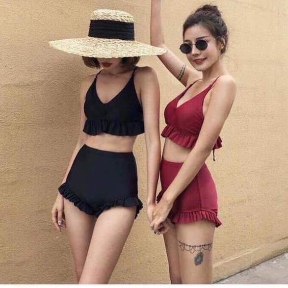 Bikini Áo tắm 2 mảnh diềm đen, đỏ buộc dây lưng (ảnh thật) -B06 !