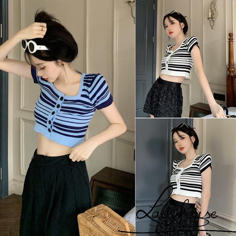 Áo Thun Dệt Kim Ngắn Tay Cổ Vuông Hai Màu Sắc Dành Cho Nữ