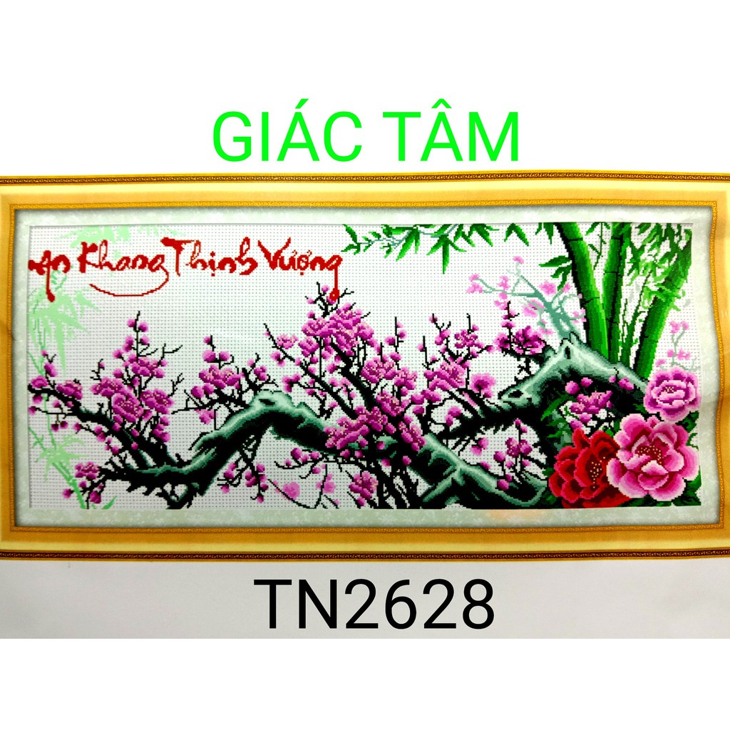 Tranh thêu HOA MAI - 104x50cm - TN2628 - BÔNG MẪU ĐƠN ĐÀO TRÚC TRE BƯỚM CHỮ - tranh thêu chữ thập chưa thêu