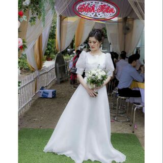 (nhận may theo size) đầm dạ hội cưới trắng tay phồng váy xòe nơ lưng, đầm cô dâu đính hôn đám hỏi