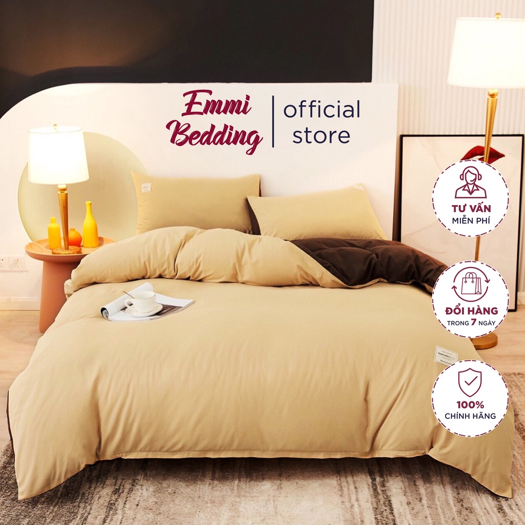 Bộ Chăn Ga Gối Cotton TC Emmidecor cao cấp - Vàng phối nâu giá tốt