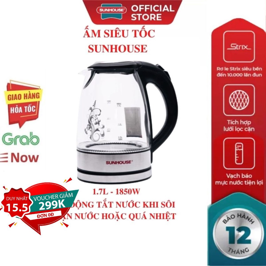 Ấm Siêu Tốc Thuỷ Tinh MAMA SUNHOUSE 1.7L Bình Đun Nước Sôi Tự Ngắt  Mới 100% Chính Hãng Bảo Hành Toàn Quốc