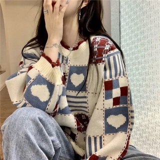 Áo Sweater dáng rộng họa tiết sọc caro màu sắc tương phản trẻ trung năng động