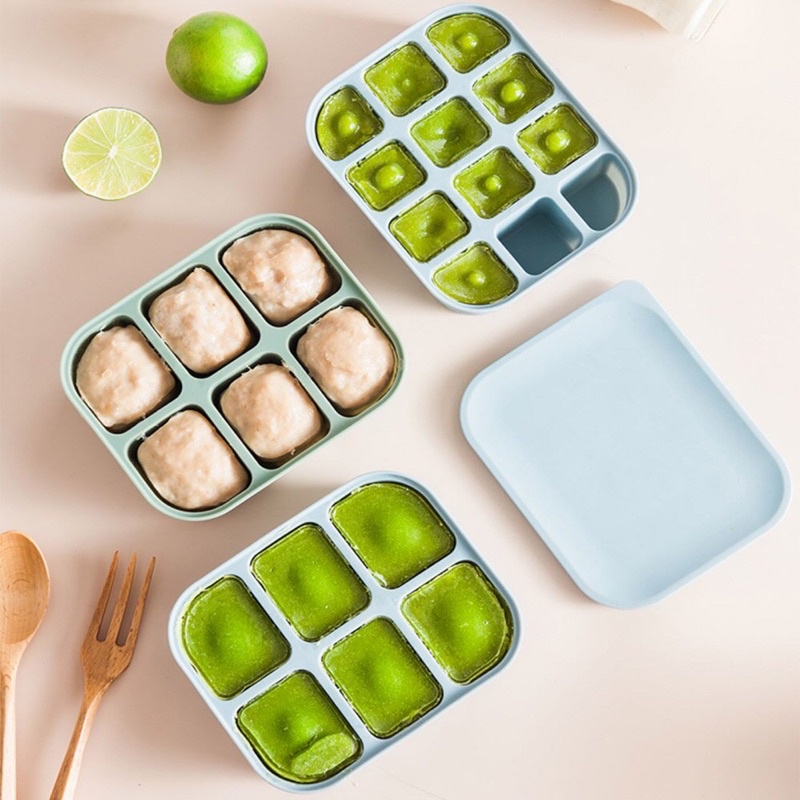Khay trữ đông thực phẩm đồ ăn dặm khuôn làm đá silicon cao cấp có nắp đậy chống dính chịu nhiệt phong cách hàn