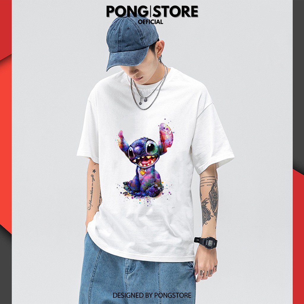 Áo thun form rộng in hình Stitch, áo thun nam nữ chất thun mềm mại dáng rộng màu trắng