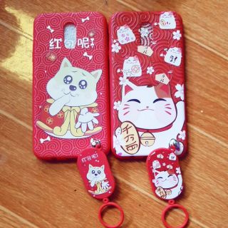 Ốp lưng Samsung J7 Plus (J7+) Mèo thần tài mèo mai mắn có móc khóa xỏ ngón tay cao cấp