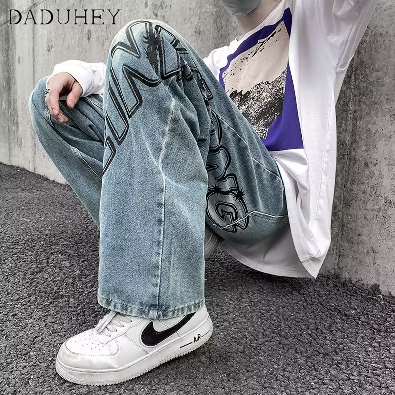 DaDuHey Men's Autumn American Gradient Loose Wide Leg Jeans Ins High Street Fashion Brand Straight Casual Pants