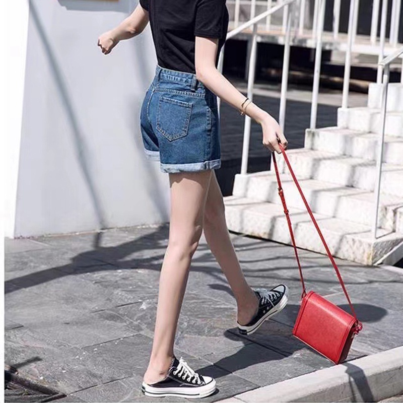 Quần Short denim Màu Đen Dáng Chữ A Ống Rộng Lưng Cao Thời Trang Cho Nữ