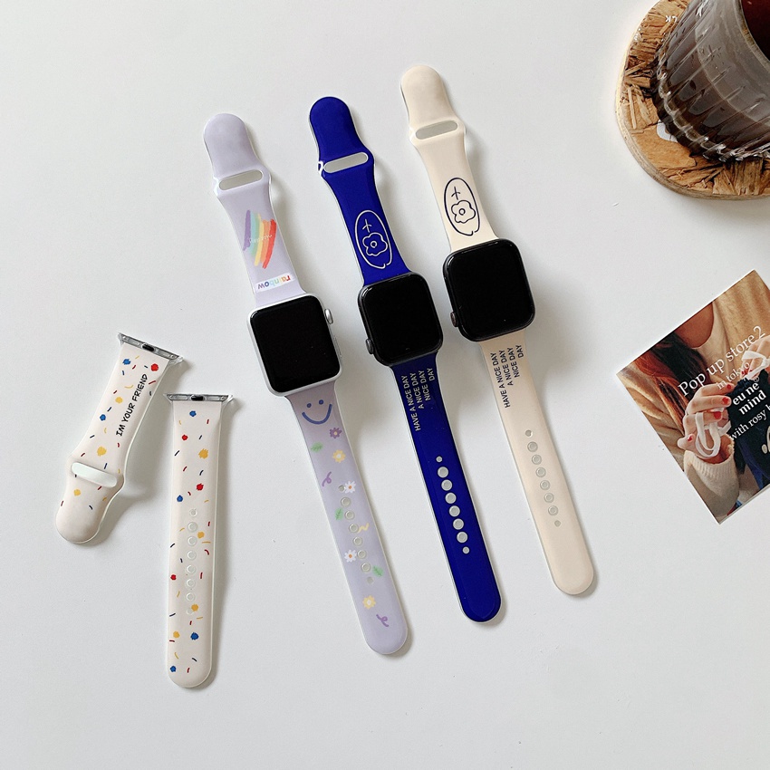 Dây đeo đồng hồ silicon họa tiết xinh xắn cho Apple Watch Series 6 5 4 3 2 1 38mm 40mm 42mm 44mm