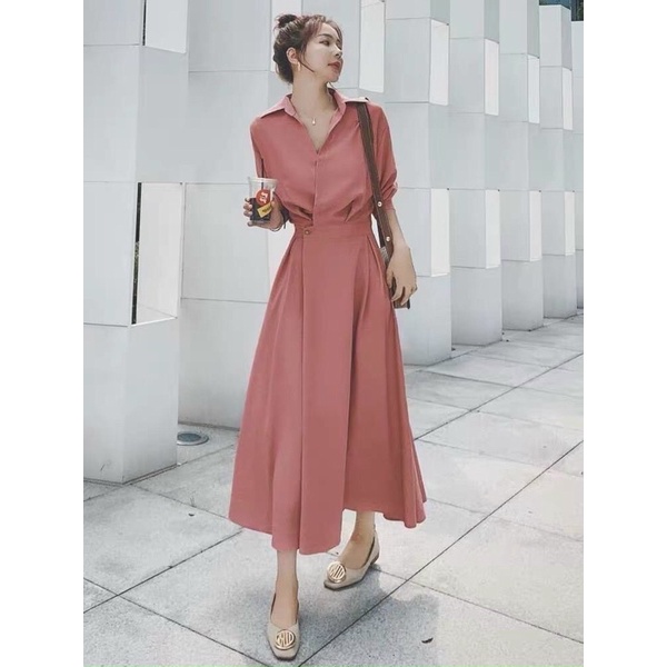 Đầm sơ mi nút eo 2 màu | BigBuy360 - bigbuy360.vn