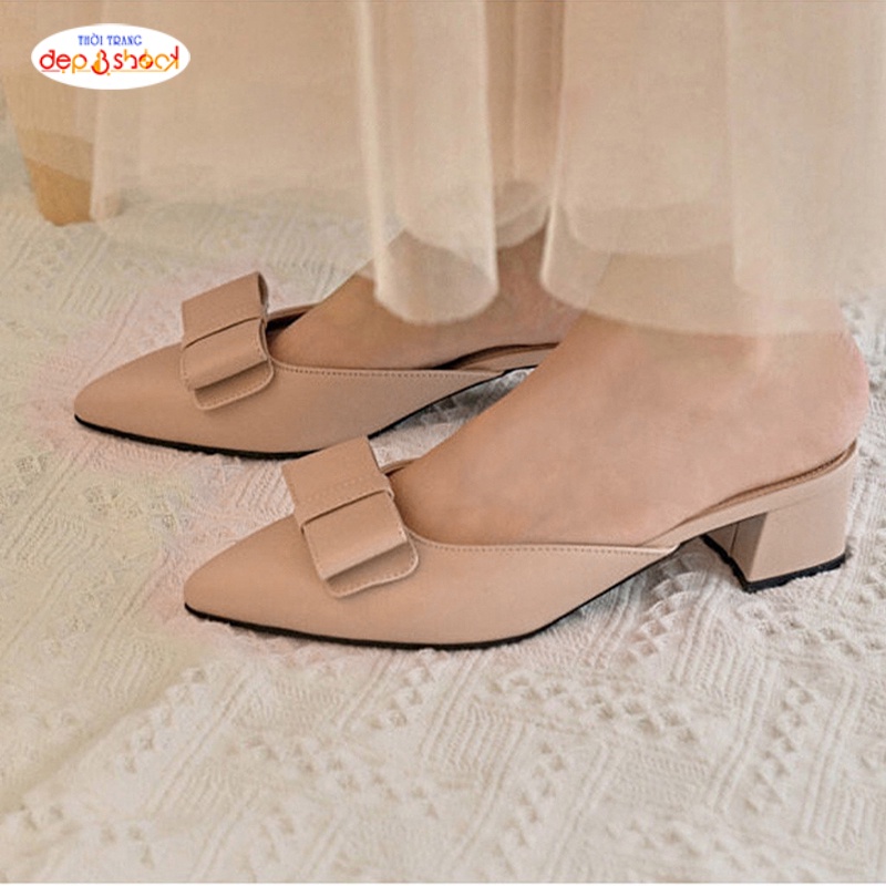 Giày sục cao gót mũi nhọn 5 phân đính nơ thời trang có big size 42 43 Depvashock X01