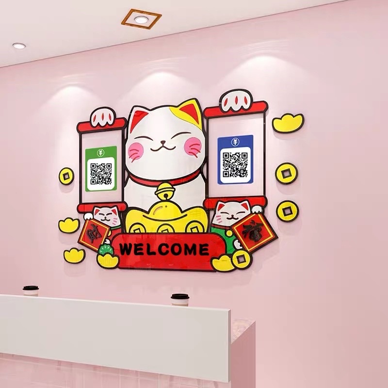 Trang trí tết 2024, đồ decor tết, decal dán nổi mica mèo thần tài trang trí cửa hàng ngày tết kết hợp hoa đào hoa mai