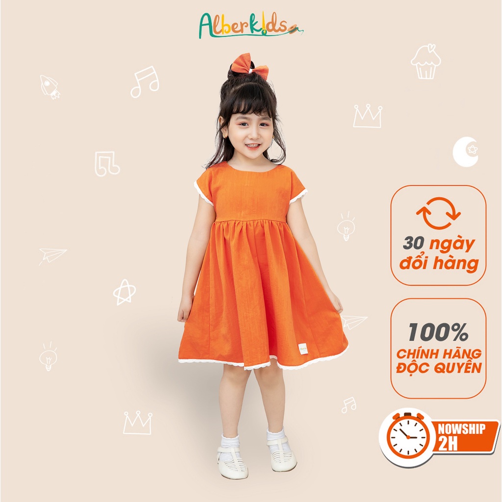 Váy cho bé gái ALBER KIDS màu cam phối viền ren Orange Dress chất liệu đũi lạnh mềm mát và thấm hút mồ hôi [V15]