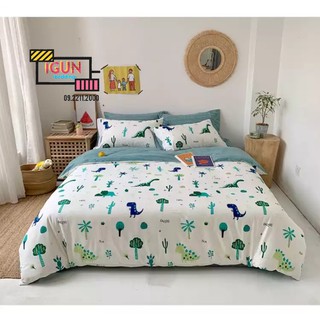 Bộ Chăn Ga Gối 4 món COTTON 100% Hàn - Organic - Living KHỦNG LONG CÂY XANH