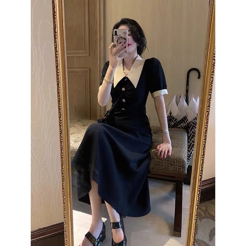 (Có Bigsize) Đầm Váy Đen Phối Cổ Trắng Nút Ngọc Chít Li Eo Trẻ Trung Mặc Đi Chơi Dạo Phố Dự Tiệc