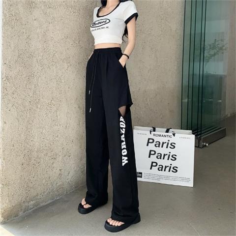 COZOK Set Áo Thun Ngắn Tay In Chữ + Quần Ống Rộng Rách Cá Tính Cho Nữ