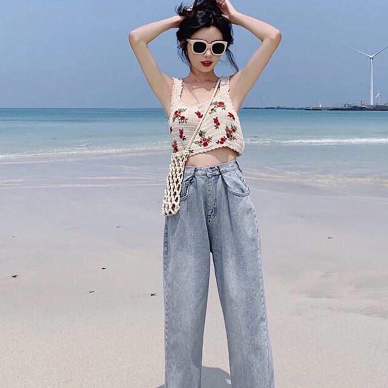 Áo Croptop Dệt Kim Không Tay Thêu Họa Tiết Hoa Lá Phong Cách Boho Thời Trang Mùa Hè Cho Nữ