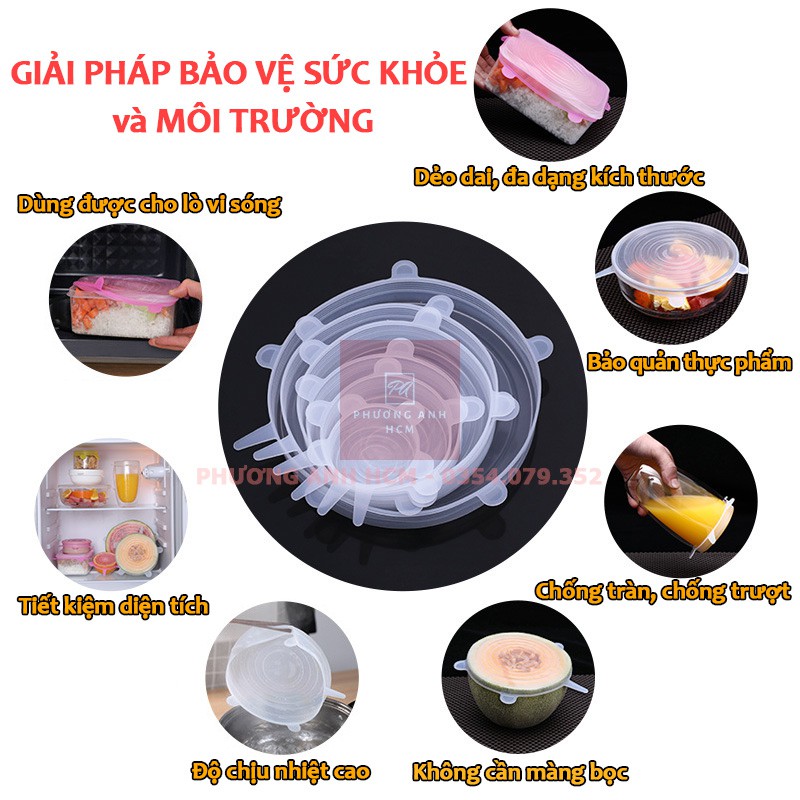 BỘ 6 NẮP ĐẬY THỰC PHẨM SILICONE - Màng Bọc Thực Phẩm Silicon Che Thức Ăn, Hoa Quả