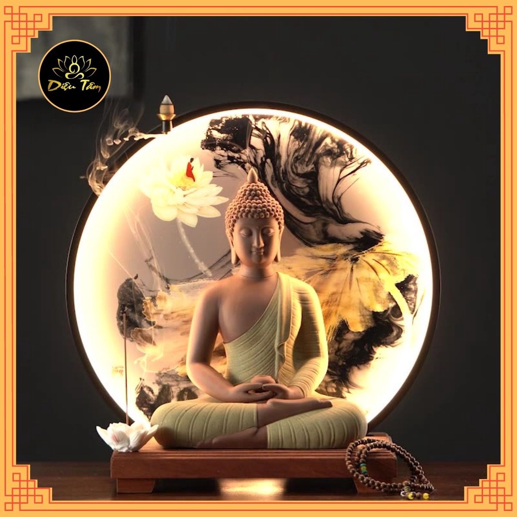 Thác khói trầm hương tượng phật A Di Đà có đèn led xông nụ trầm hương nhang không tăm đồ thờ cúng trang trí bàn trà