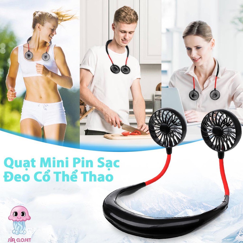 [ FREESHIP 50K ] - Quạt cầm tay mini tích điện đeo cổ 3 tốc độ gió 2 quạt trong 1 xoay 360 độ - HÀNG LOẠI 1 LOẠI 7 CÁNH