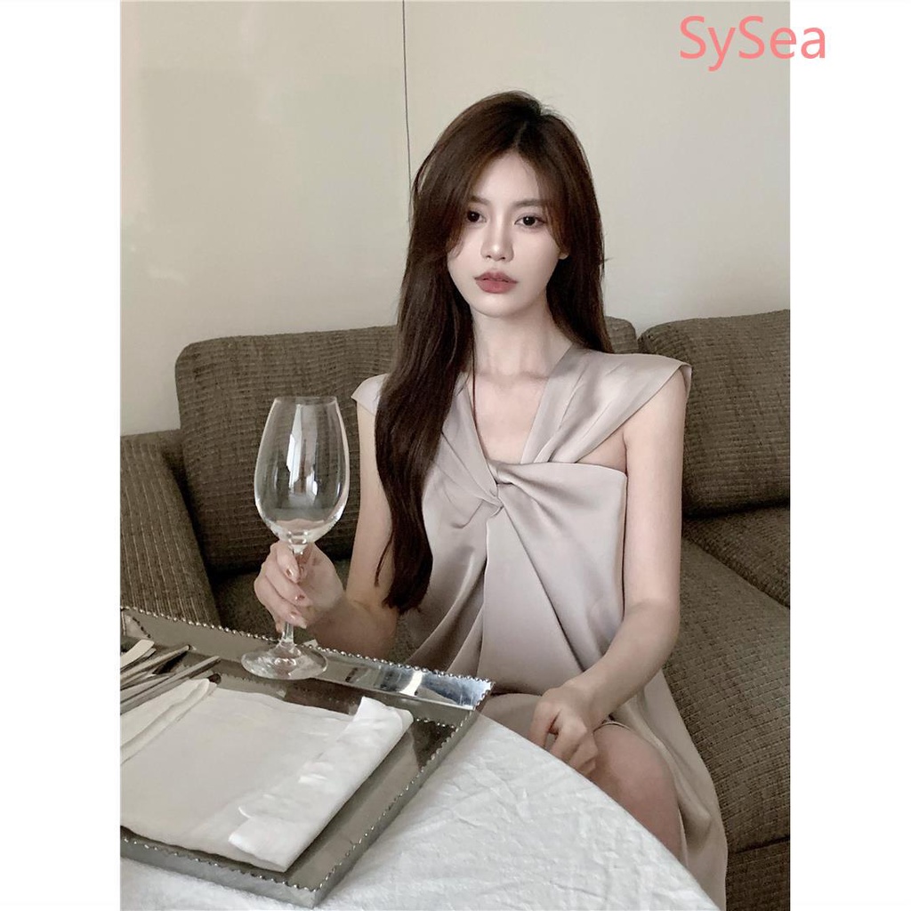 Đầm Hai Dây Vải Satin Màu Sắc Đơn Giản Phong Cách Vintage